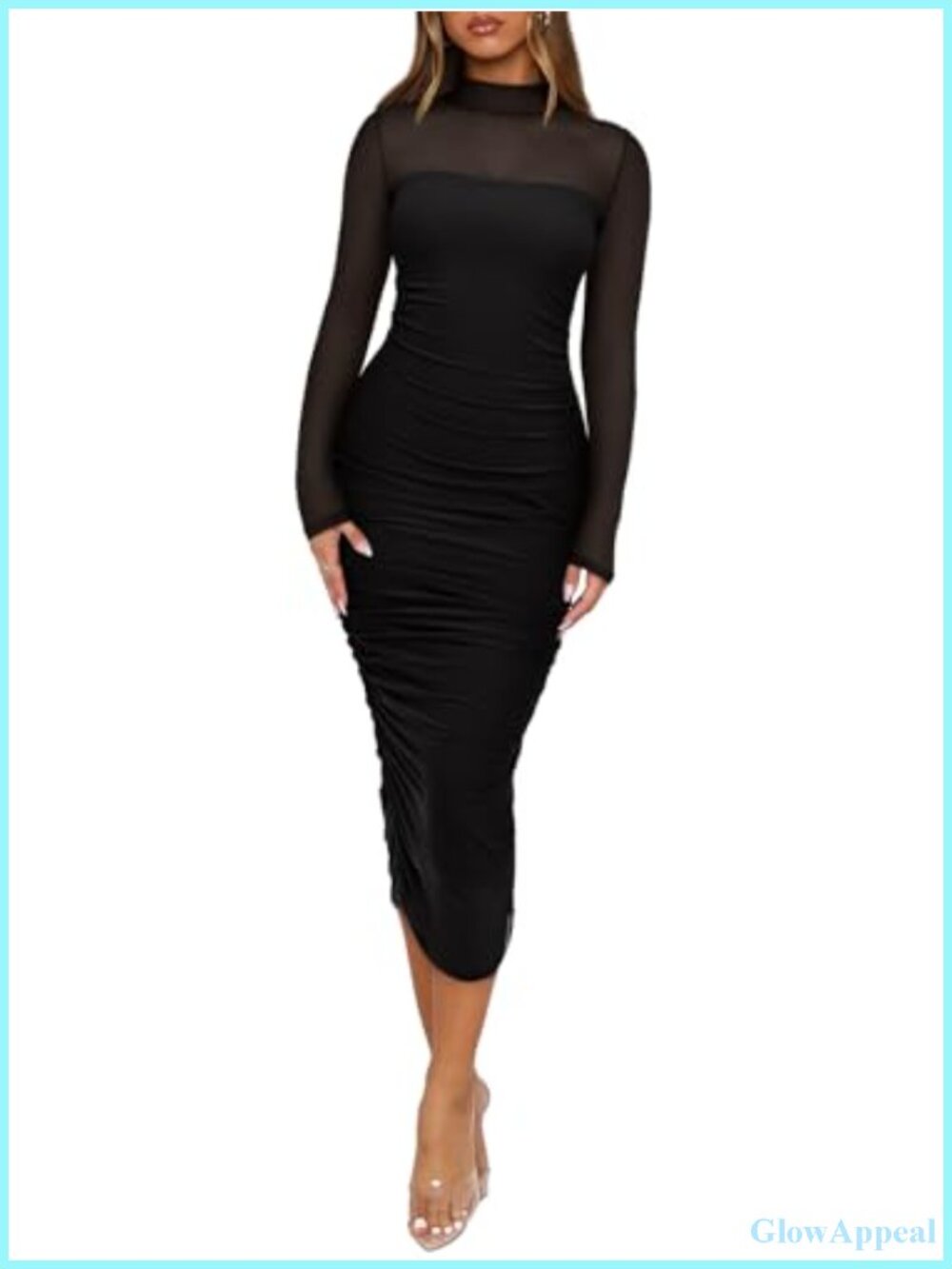 Mesh Sheer Long Sleeve Midi Ruched Bodycon Mock Neck Cocktail Dress
